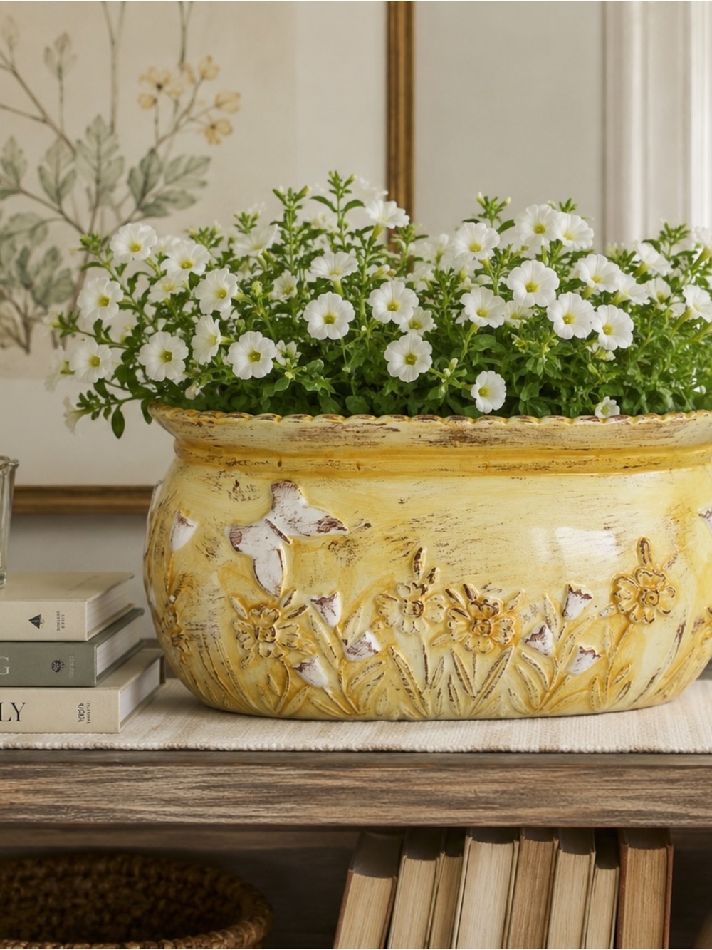 Vintage Yellow Floral Ceramic Planter / Cachepot – Distressed Cottage Farmhouse